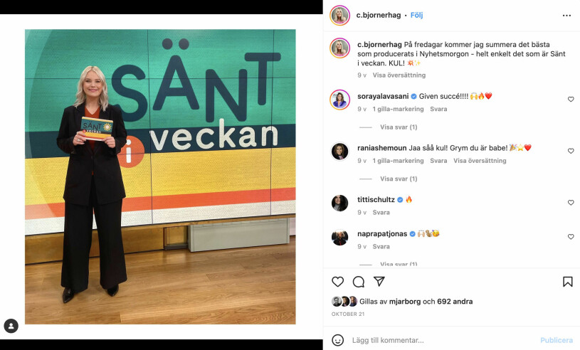 En bild från TV4-reportern Carolin Björnerhags Instagram då hon står i Nyhetsmorgon-studion och berättar om sitt nya inslag Sänt i veckan