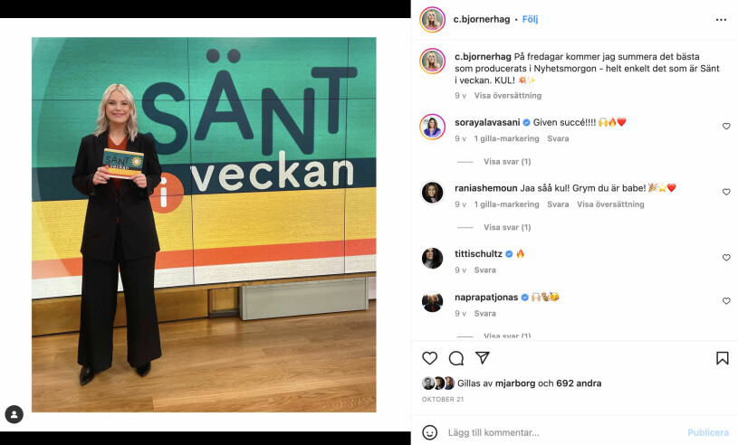 I höstas började Carolin synas i rutan ännu mer, närmare bestämt varje fredag! En bild från TV4-reportern Carolin Björnerhags Instagram då hon står i Nyhetsmorgon-studion och berättar om sitt nya inslag Sänt i veckan