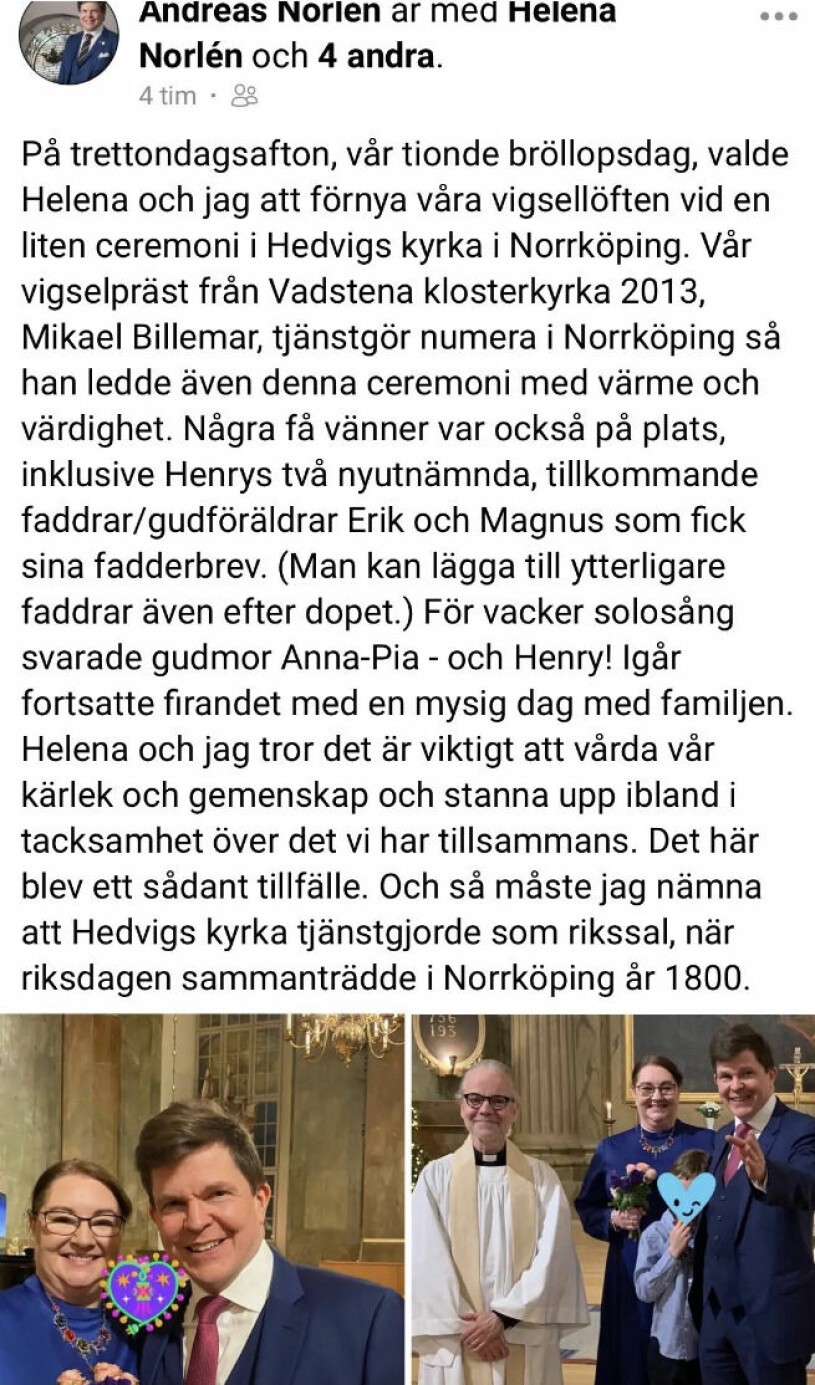 Andreas Norlén delar med sig av kärlekslyckan med hustrun på Facebook.