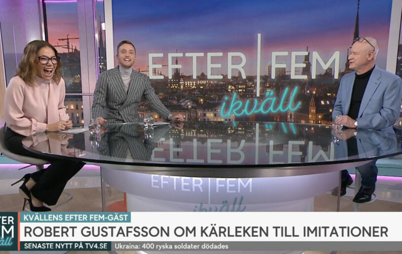 Det var alltjämt god stämning i studion. Tilde de Paula Eby och Axel Pileby programleder Efter fem med Robert Gustafsson som gäst.