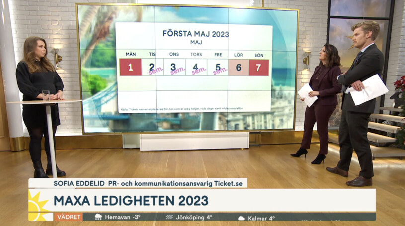 I vår finns det chans för bonussemester, menar Sofia Eddelid från Ticket.se. En bild från Nyhetsmorgons sändning med programledarna Soraya Lavasani och Martin Järborg.