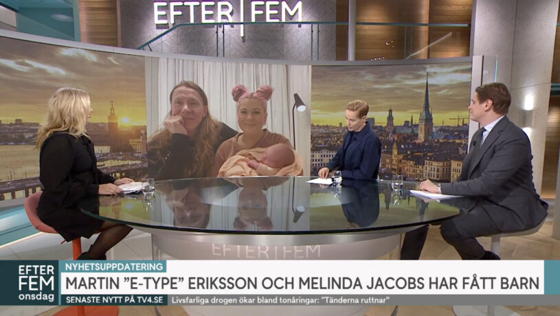 Izadoras tv-debut! Martin "E-Type" Erikson och Melinda Jacobs gästar Efter fem efter att de fått sin bebis