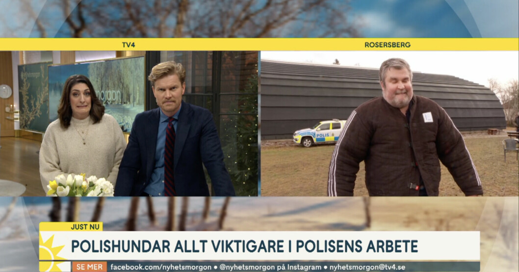 Soraya Lavasani gör en grimars i Nyhetsmorgon-studion innan Marcus Noterus ska testa bli attackerad av en polishund