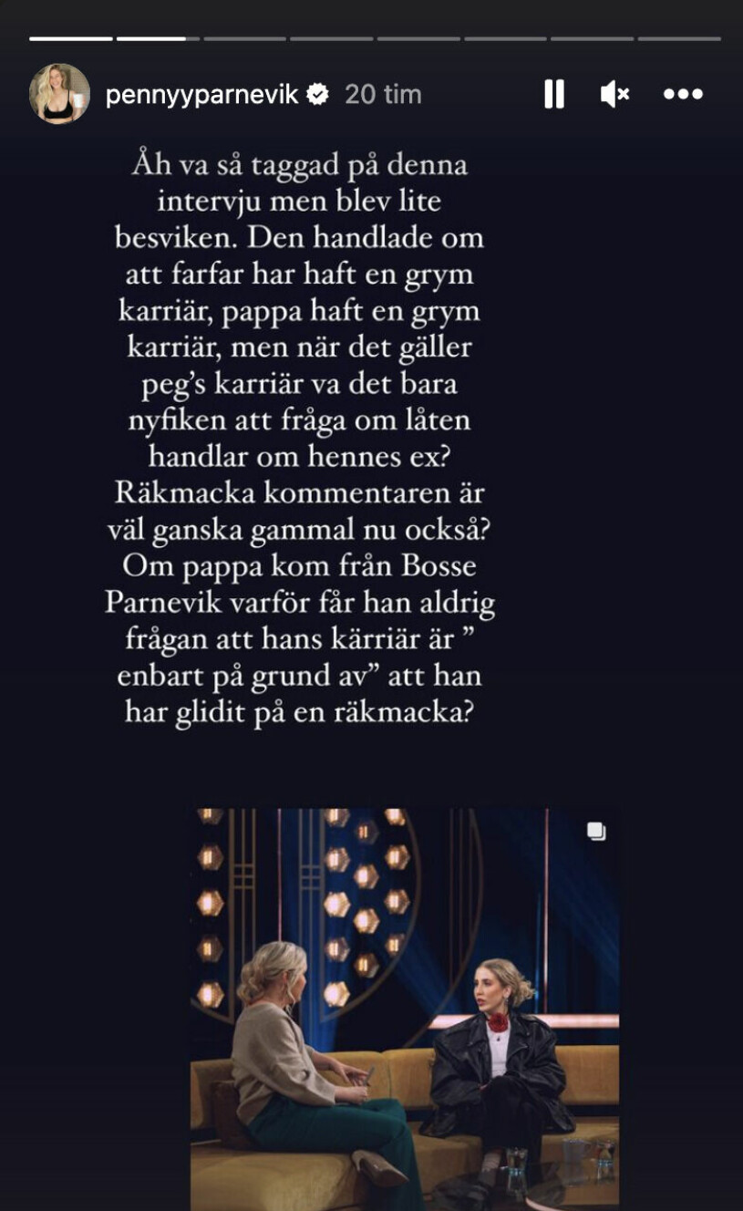 Penny Parnevik var besviken på frågorna som systern Peg fick i Carina Bergfeldts talkshow.