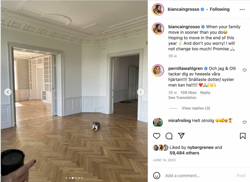 Utrymme finns det gott om i Biancas nya lägenhet. En bild från Bianca Ingrossos lägenhet på hennes Instagram