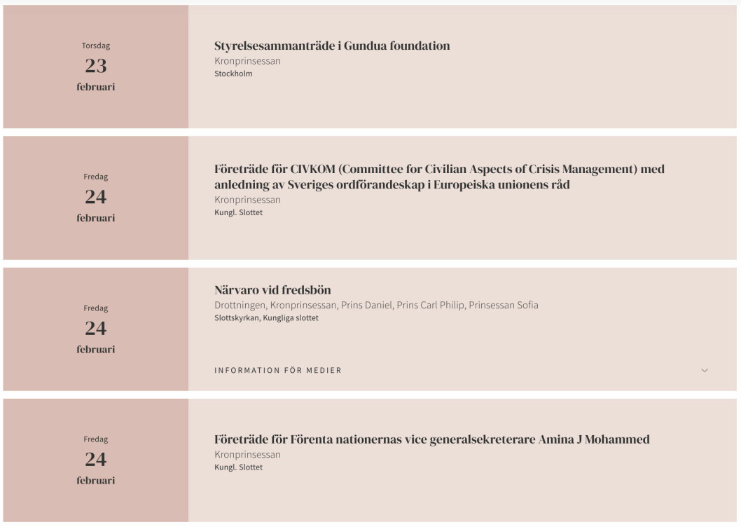En bild från den kungliga kalendern som visar kronprinsessan Victorias programpunkter under kommande torsdag och fredag