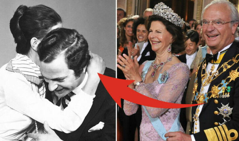 Vi har bara fått se en enda – halvoffentlig – kyss. Och här lyckades fotografen fånga Silvia mitt i en kram. Kungaparet kramas 1976