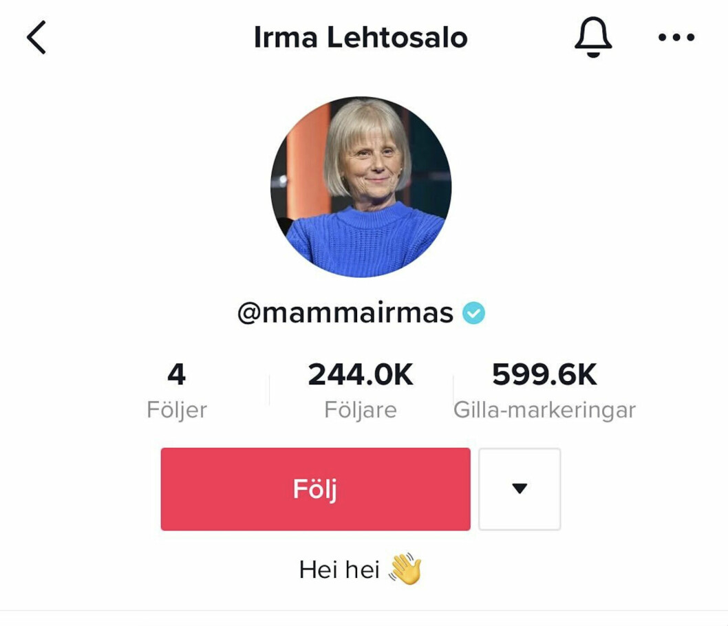 Irmas följarantal ökar i en hiskelig takt. En skärmdump från TikTok på Irma Lehtosalos profil där följarantalet 244 tusen syns