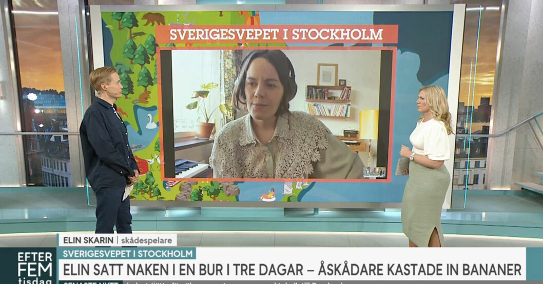 Elin Skarin intervjuas om föreställningen av programledarna Henrik Alsterdal och Anna Brolin. Henrik Alsterdal, Elin Skarin och Anna Brolin