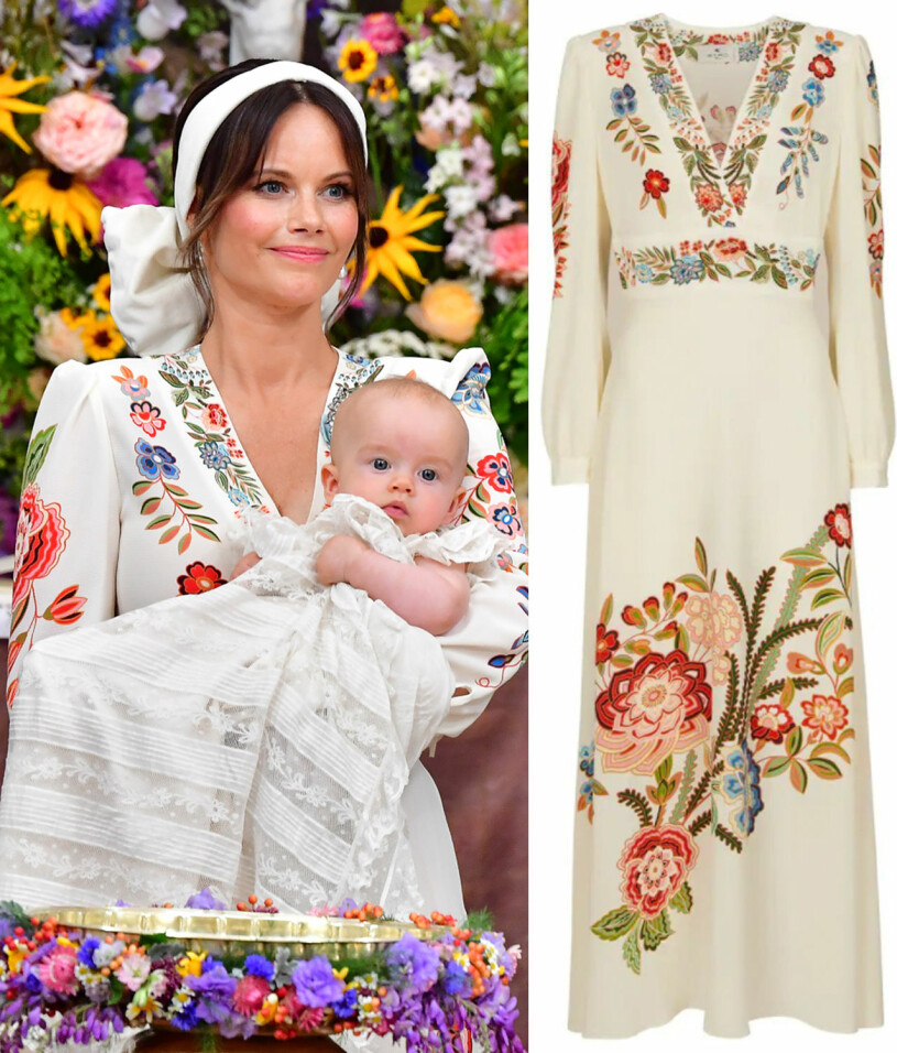 Prinsessan Sofias succélook från dopet: Klänningen (som går under det långa namnet Santa Barbara Floral A-Line Long Puff-Sleeve Maxi Dress) är från Etro och i håret hade Sofia ett brett sammetsband från @headpiecesbym. Lucia Fylking gjorde hår och makeup.