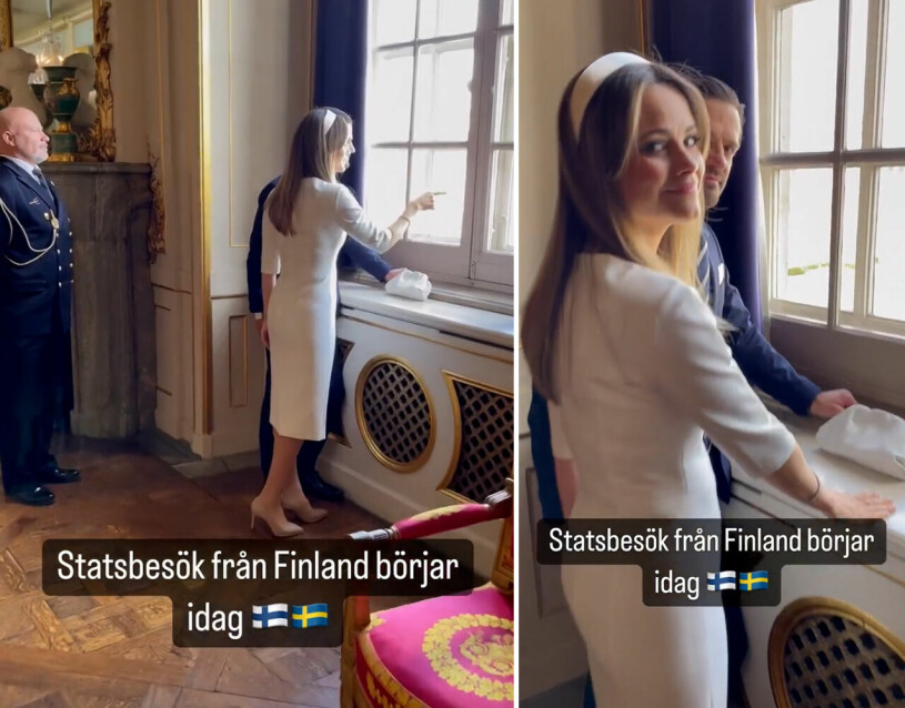 Sofia kollar läget ute på borggården. Till vänster väntar prins Carl Philips adjutant. Prinsessan Sofias privata filmklipp från finska statsbesöket