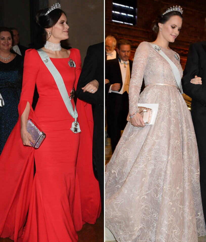 Prinsessan Sofias Nobelklänningar: 2018 i dramatiskt rött från Zetterberg Couture – och 2017 i romantiska puderrosa spetsar från Ida Lanto. Prinsessan Sofia i röd Nobelklänning 2018 från Zetterberg Couture och puderrosa 2017 från Ida Lanto