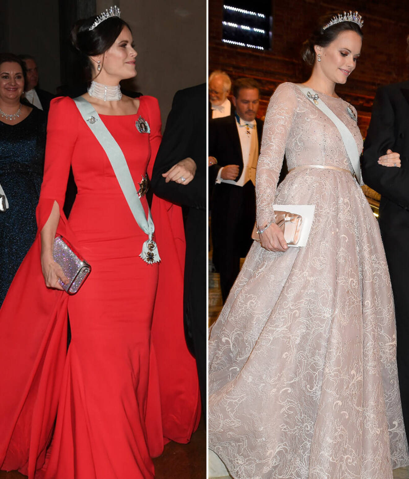Prinsessan Sofia i röd Nobelklänning 2018 från Zetterberg Couture och puderrosa 2017 från Ida Lanto