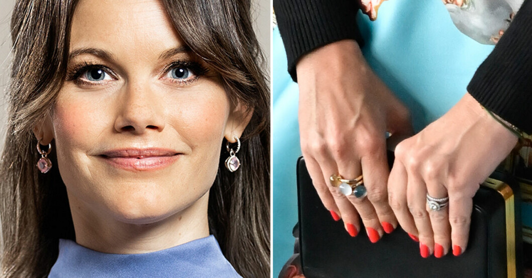 Prinsessan Sofias maffiga statementring till vänster, och vigsel- och förlovningsringarna till höger. Prinsessan Sofias ringar