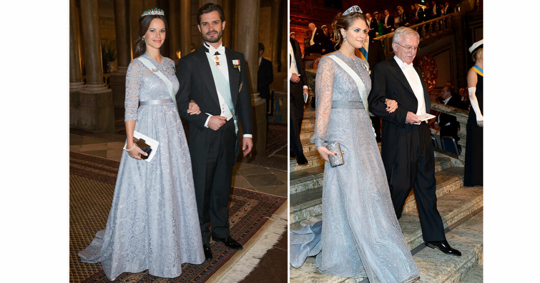 Prinsessan Sofia och prinsessan Madeleine, båda vackra i duvblått. Prinsessan Madeleine och prinsessan Sofia, Nobel 2015