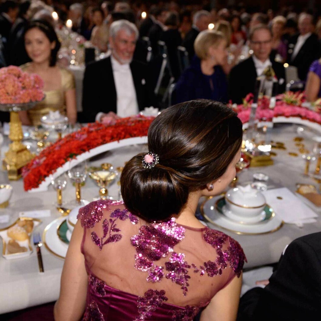 På sin första Nobelfest 2014 valde Sofia (som då hette Hellqvist) en klänning där paljettbroderiet var så fiffigt placerat att det precis täckte tatueringen. Prinsessan Sofia (som då hette Hellqvist) på sin första Nobelfest 2014.