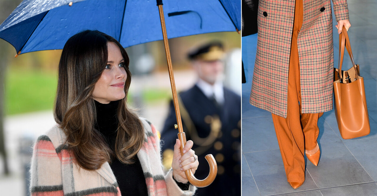 Prinsessan sofia med paraply och en snygg beige väska