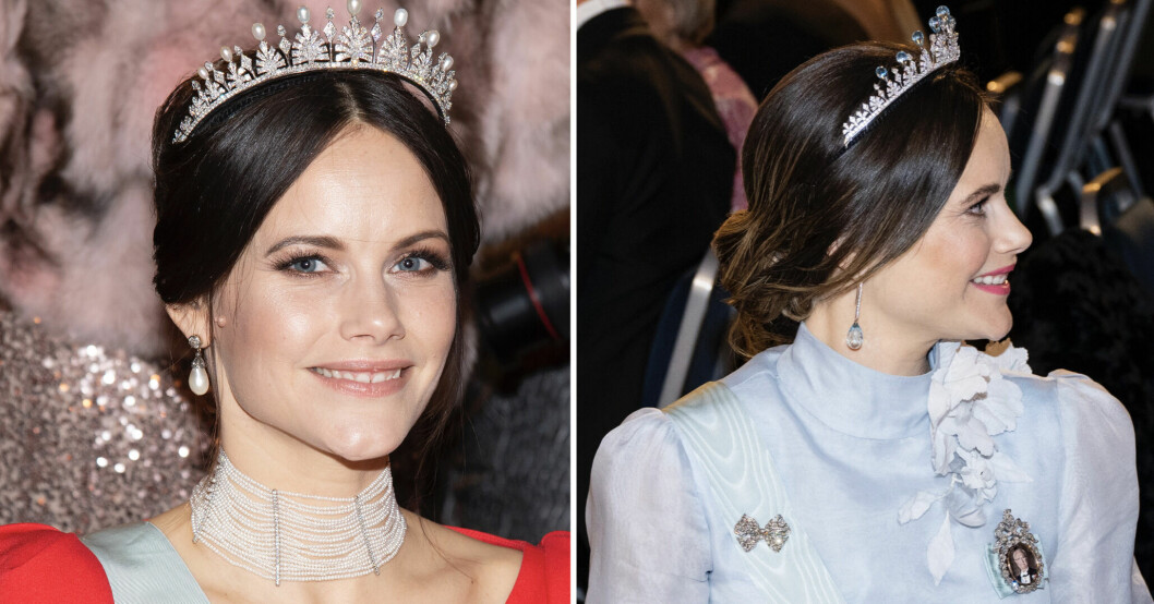 Prinsessan Sofia i en pärlchocker från LWL Jewelry till vänster och örhängen från LWL Jewelry till höger. Prinsessan Sofia i smycken från LWL under Nobelfestligheterna