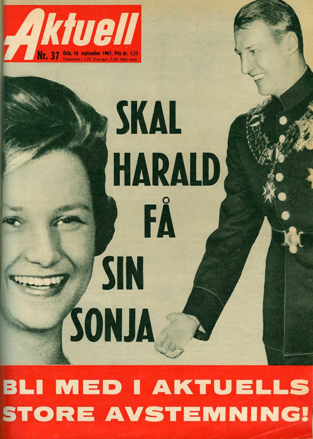 Sonjas och Haralds kärleksdrama på löpsedlarna. Faksimil av tidningen Aktuell från september 1967. Sonjas och Haralds kärleksdrama på löpsedlarna. Faksimil av tidningen Aktuell från september 1967.