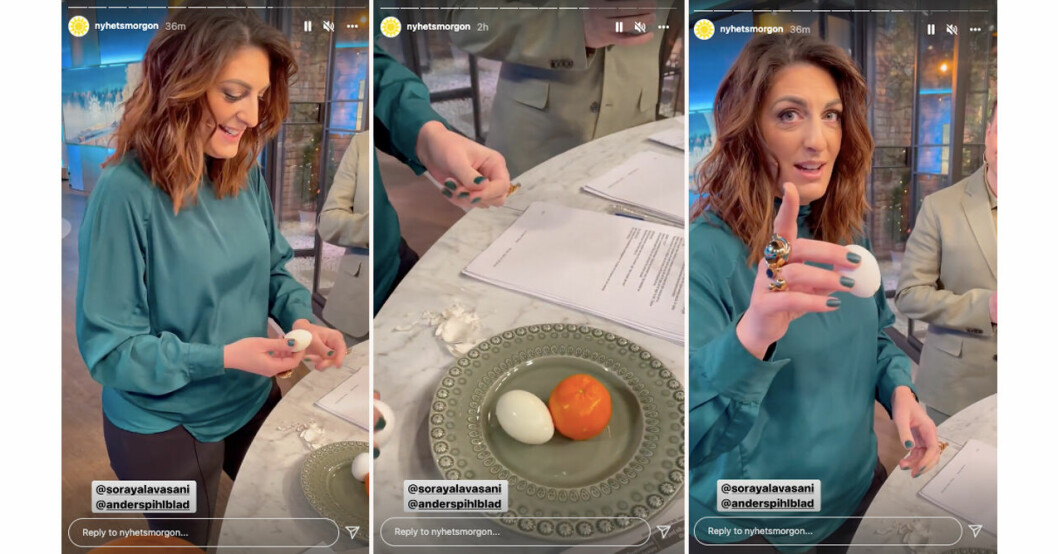 Soraya Lavasani äter frukost bakom kulisserna vilket får en kollega att dra fram kameran. Soraya Lavasani i Nyhetsmorgon