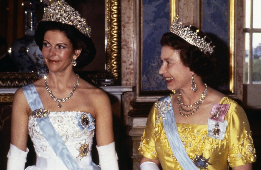 Statsbesök från England, Maj 1983.Silvia bär det svårburna Kröningsdiademet. Silvia och Elizabeth