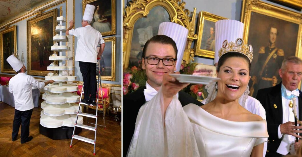 Konditorn fick stå på en stege för att nå upp till toppen av kronprinsessan Victorias och prins Daniels 3,3 meter höga bröllopstårta!