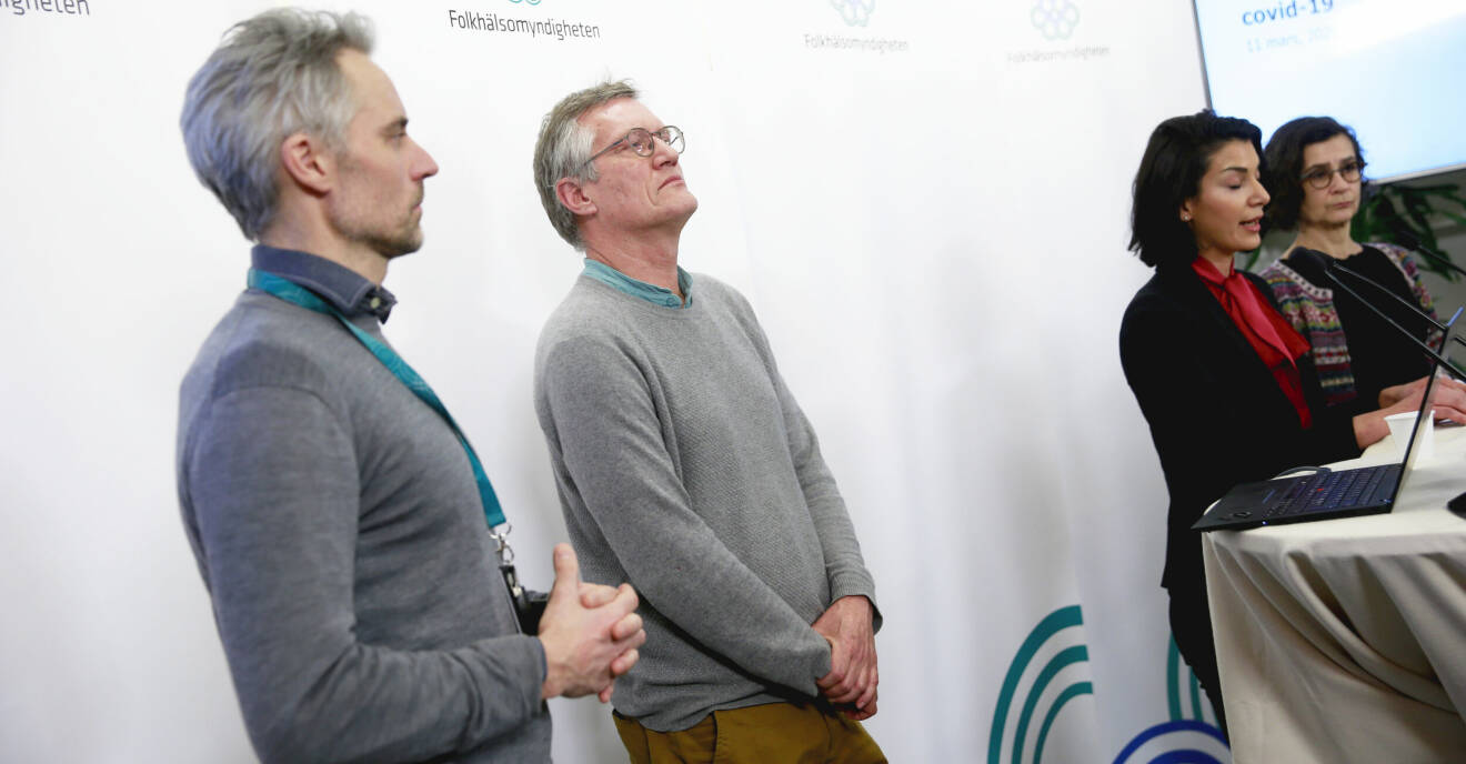 Anders Wallensten och Anders Tegnell på en presskonferens i mars 2020