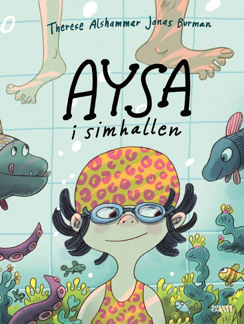 Den lilla flickan i boken <em>Aysa i simhallen</em> är fyra år, lika gammal som Therese var när hon lärde sig simma. Den är illustrerad av Jonas Burman. Foto: Bonnier Carlsen