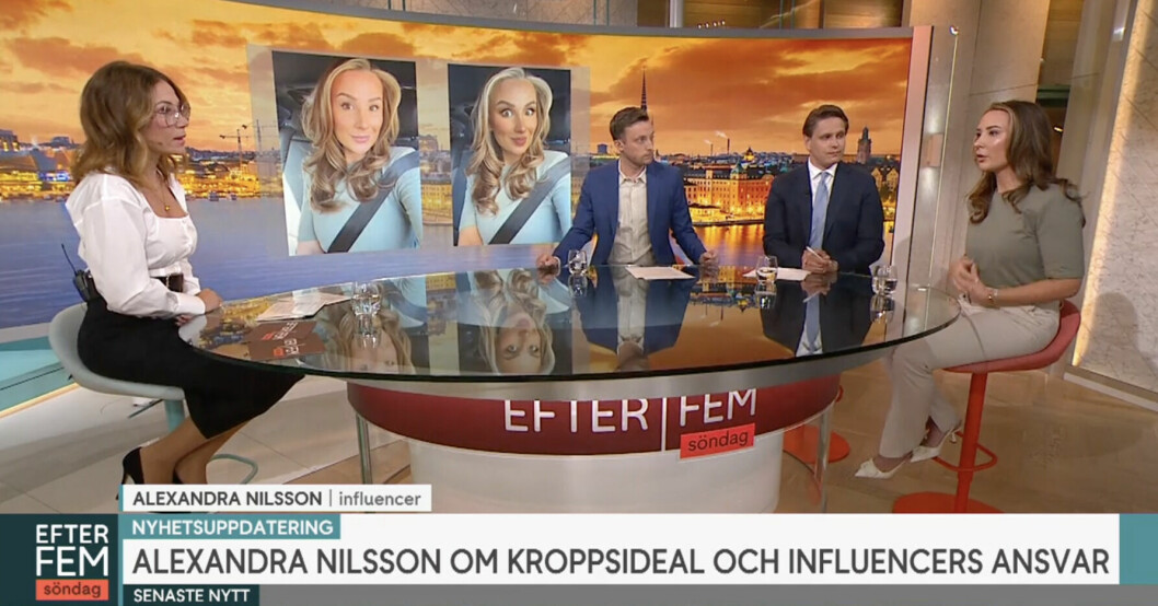 Tilde de Paula pratar om retuschering i Efter fem. Tilde de Paula, Alexandra Nilsson, Axel Pileby, Maximilian Artell och Alexandra Nilsson