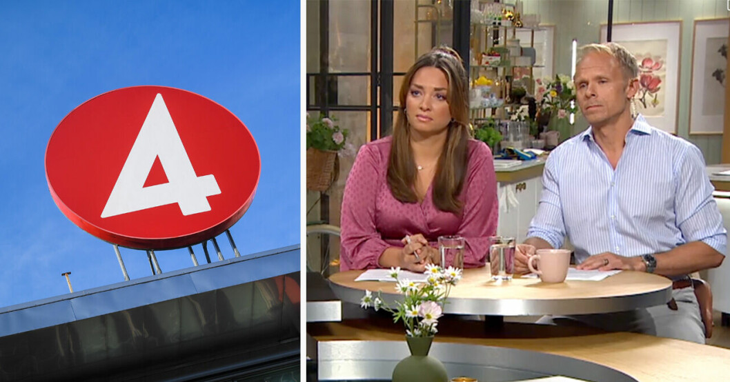 TV4s logga och Nyhetsmorgon-programledarna Matilda Boza och Johan Macéus