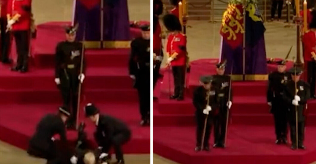 Foto: Skärmdump BBC Dramatiska händelsen under ceremonin för Elizabeth. Här svimmar vakten.