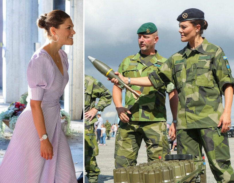 Kronprinsessa – i skilda världar. Kronprinsessan Victoria i lila klänning från Rotate Birger Christensen och i militäruniform