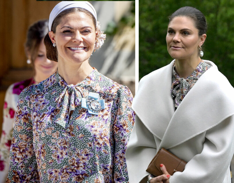 Kronprinsessan Victoria i By Timo-klänningen, till vänster på prinsessan Adriennes dop och till höger på en bild från i går. Kronprinsessan Victoria Klänning från By Timo Jacka från Toteme