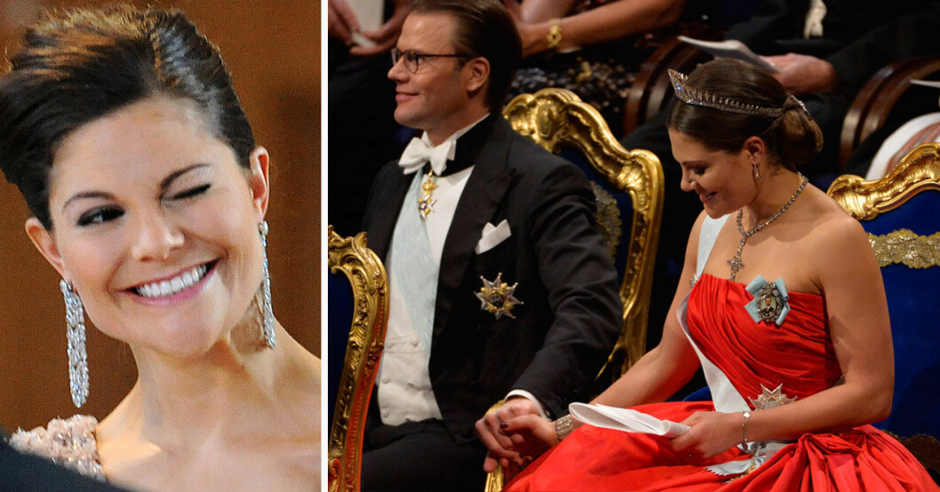 Kronprinsessan Victoria och prins Daniel håller hand på Nobelfesten.
