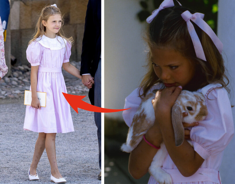 De kungliga prinsessklänningarna går i arv från den ena nioåringen till den andra: Här ser vi den rosa på Estelle år 2021 och på Victoria år 1986. Prinsessan Estelle 2021 Kronprinsessan Victoria 1986 Samma klänning