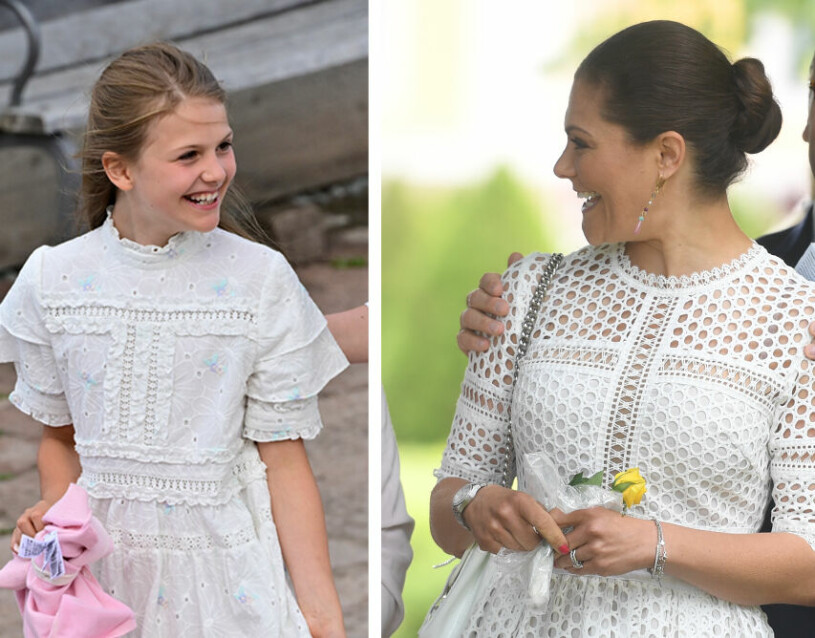 Lika som två bär. Prinsessan Estelle och kronprinsessan Victoria i vita brodyrklänningar från By Malina