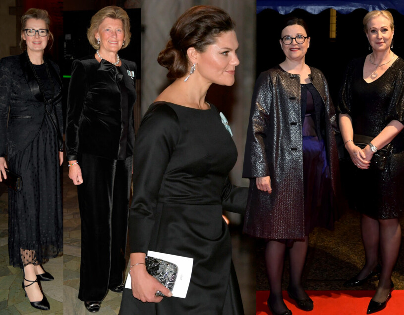 Från vänster: Skolminister Lina Axelsson Kihlblom, hovets first lady Kirstine von Blixen-Finecke, Victoria själv, utbildningsminister Anna Ekström och kulturminister Jeanette Gustafsdotter. Nobel 2021 Lina Axelsson Kihlblom, Kirstine von Blixen-Finecke, kronprinsessan Victoria, Anna Ekström, Jeanette Gustafsdotter