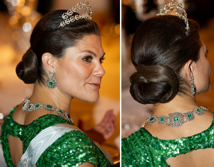 Kronprinsessan Victoria, för kvällen i smaragder. Kronprinsessan Victoria i grön paljettklänning och smaragdhalsband