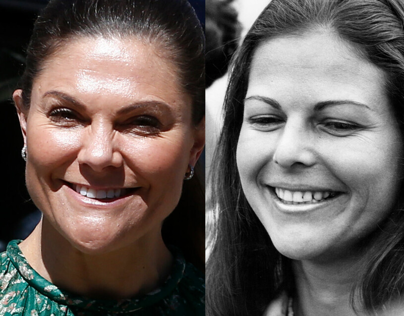 Kronprinsessan Victoria fotograferad i Norrköping i dag. Bredvid mamma Silvia som hon såg ut på 1970-talet. Kronprinsessan Victoria Drottning Silvia som ung