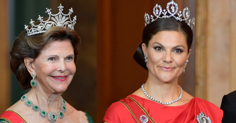 Kvällens vackraste juveler. Drottning Silvia i Drottning Sofias diadem Kronprinsessan Victoria i Prinsessan Sibyllas diadem