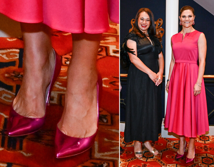 Victoria och diskoskorna på festligheter, här med Wellingtons borgmästare Tory Whanau. Den rosaröda klänningen kommer från Camilla Thulin. Kronprinsessan Victoria i rosaröd klänning från Camilla Thulin – middag på Wellington Club med borgmästare Tory Whanau som värd