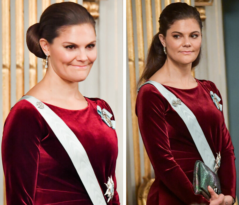 Samma vinröda sammetsklänning både 2019 och 2017. Kronprinsessan Victoria i sammet vid Svenska Akademiens Högtidssammankomst 2019 och 2017
