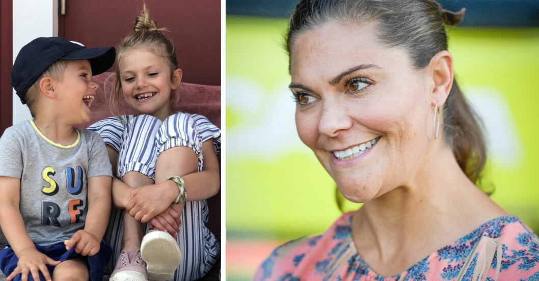 Prins Oscar och prinsessan Estelle vinkar till ambulanshelikoptern! Kronprinsessan Victoria, prins Oscar och prinsessan Estelle
