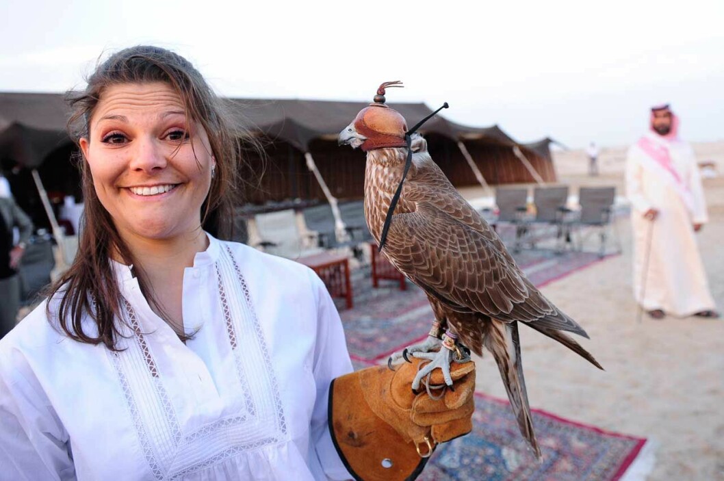 Närkontakt av tredje graden när Victoria mötte jaktfalken! Närkontakt av tredje graden när kronprinsessan Victoria mötte jaktfalken under sitt besök på en jaktfalksuppfödning i Abu Dhabi.