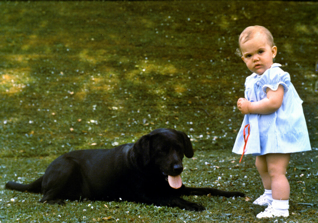 Victoria har haft hund hela sitt liv. Hät med kungens labrador Charlie 1978. Victoria med kungens labrador Charlie på sin ettårsdag 1978.