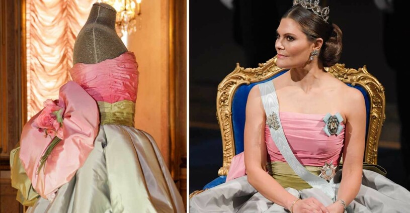 Kronprinsessan Victoria på Nobelfesten i Silvia-vintage, en favorit i repris från 1994. Kronprinsessan Victoria i drottning Silvias Nobelklänning 1994 Nina Ricci