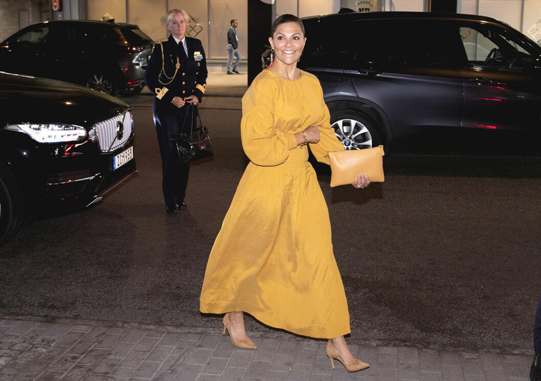 Victoria var strålande vacker i en klänning från Rodebjer när hon anlände till Tele 2 arena! Kronprinsessan Victoria på Stockholm Water Prize