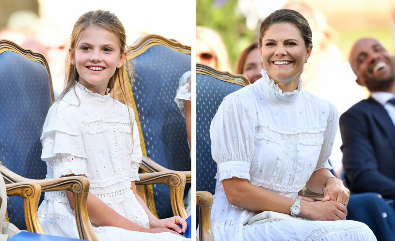 Mamma upp i dagen! Estelle var en kopia av Victoria i sin by Malina-klänning. Estelle Victoriadagen 2022 och Victoria Victoriadagen 2021