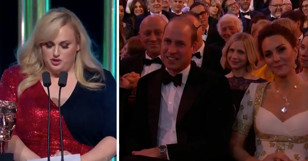 William och Kate sitter stela under Rebel Wilsons skämt. Foto: Bafta