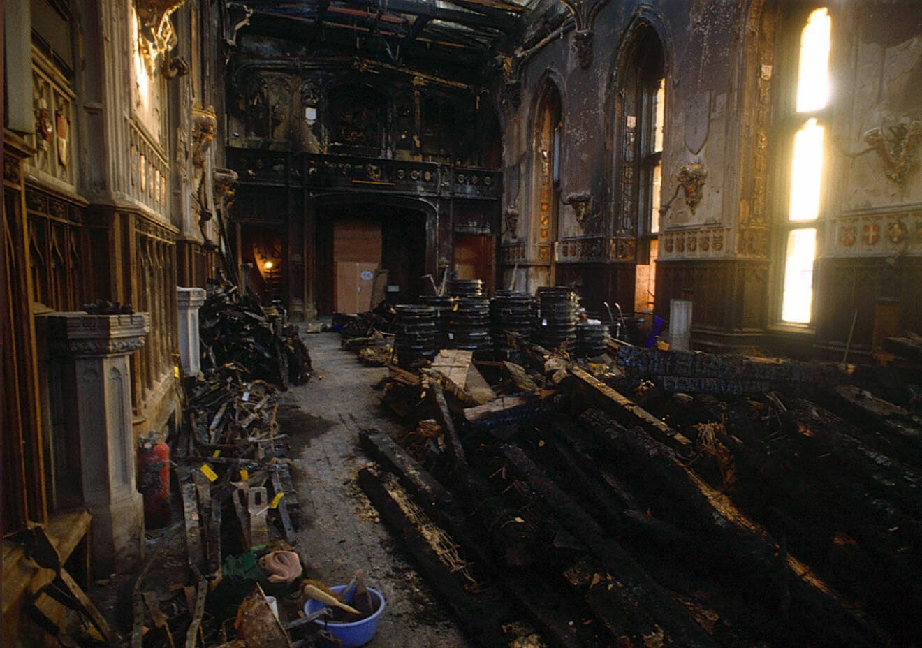 Paradmatsalen St George’s Hall efter branden på Windsor Castle.